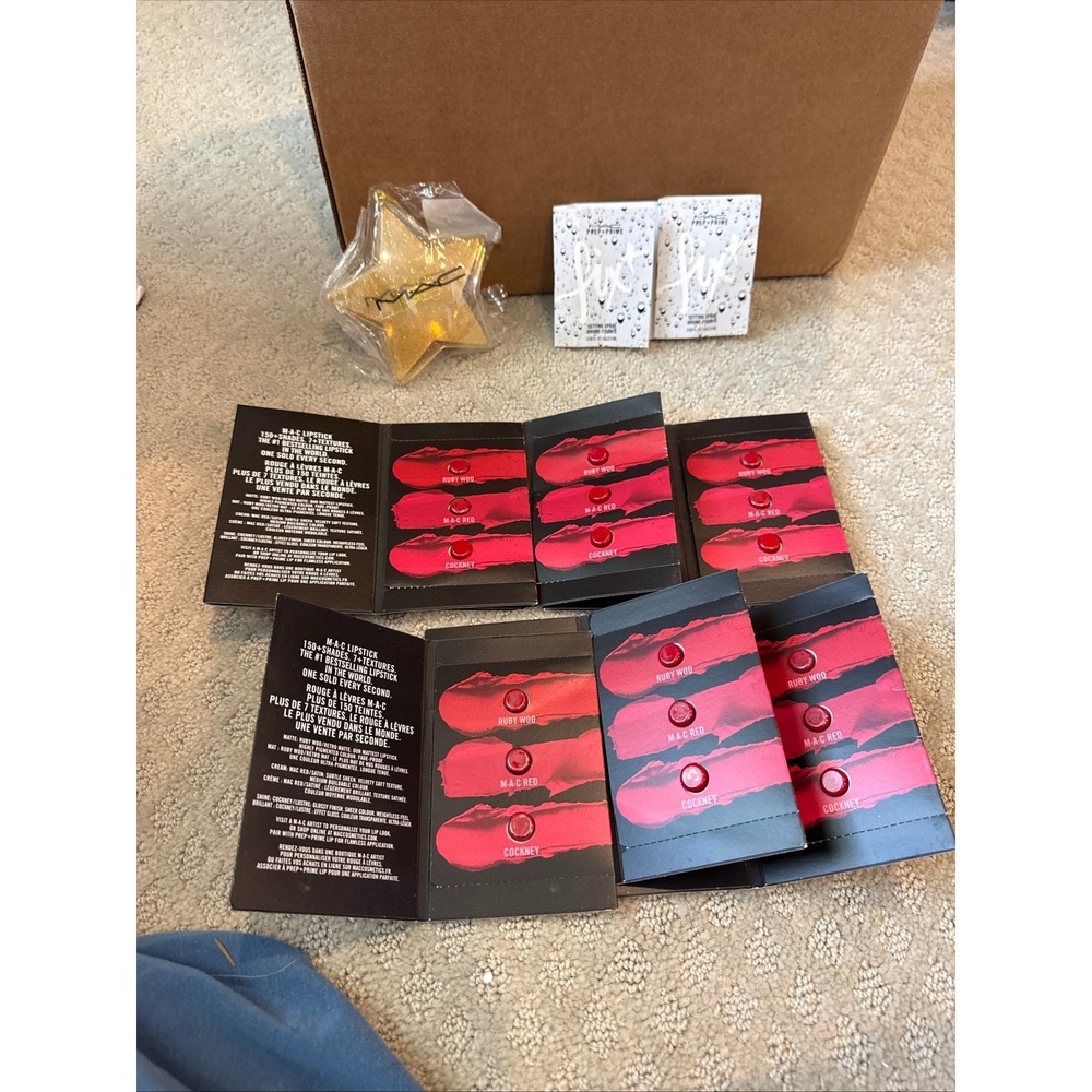 MAC Cosmetics Sample Bundle 6 Lipstick Cards 2 Fix+ Sprays Gold Star Ornament